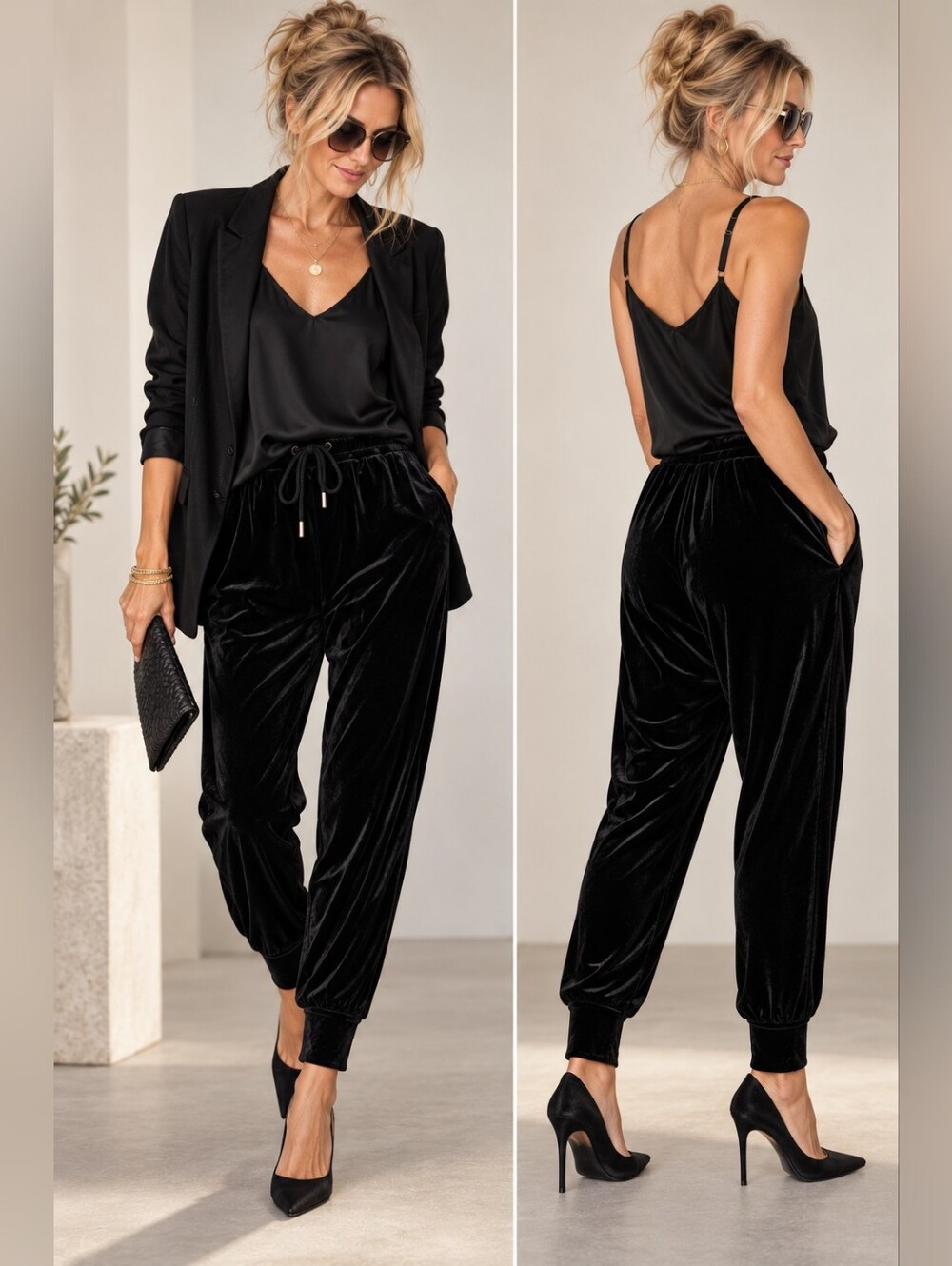 EILEEN FISHER BLACK VELVET HAREM JOGGER PANTS SZ LARGE